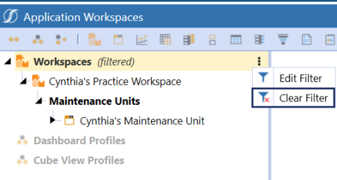 Blue highlight box on the clear filter option located to the right of Workspaces. 